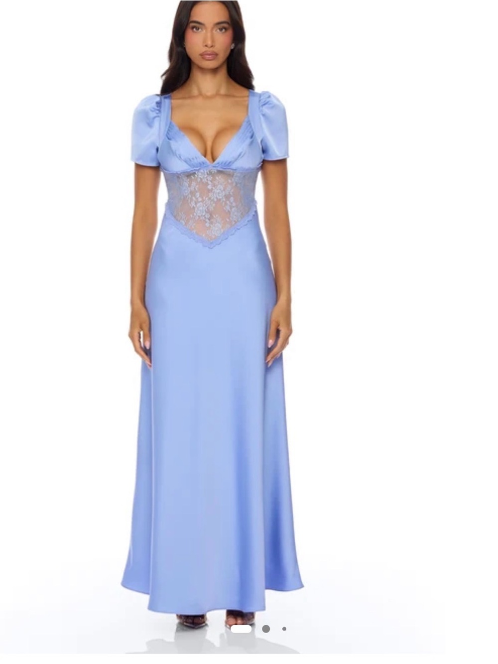 Fashion Nova Light Blue Satin Lace-Panel Maxi Dress